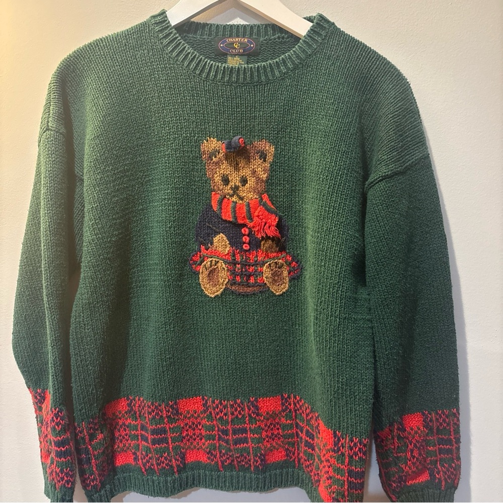 VTG Rare Charter Club Women’s Teddy Bear Sweater Green Red 3D Embroidered Sz L